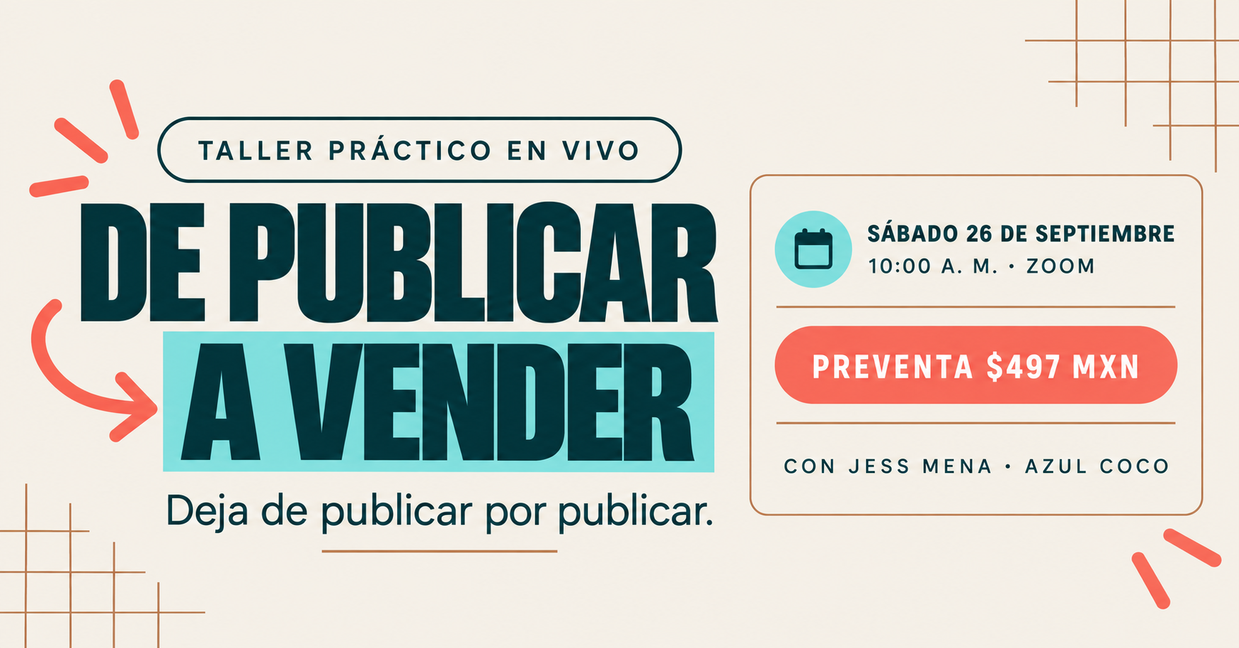 Portada del taller De publicar a vender con Jess Mena, sábado 26 de septiembre a las 10:00 a. m. por Zoom